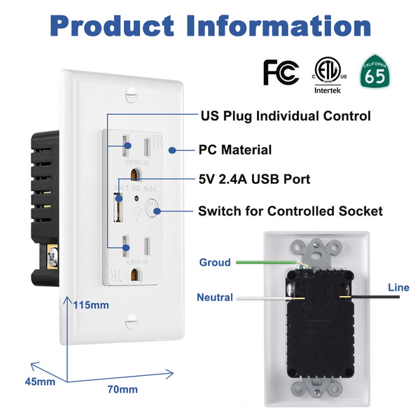 Electrical In-Wall Smart WiFi Outlet  with USB Charger Double US Plug Switch