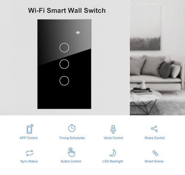 US Standard Wall Light Touch Switch WIFI 1/2/3 Gang App Remote Voice Control works with Alexa Google Home Siri